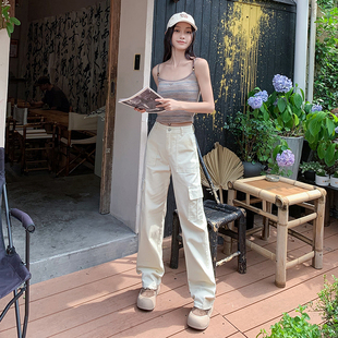 卡其色高腰美式窄版直筒工装裤女春季新款复古休闲阔腿拖地牛仔裤