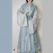 汉服女 冬装 万袖 明制新款 明宋白茶清欢 长衫 比甲马面裙蓝套装