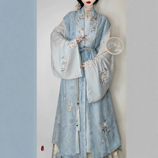 明制新款汉服女【万袖明宋白茶清欢】 长衫冬装比甲马面裙蓝套装