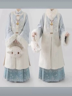 套装 明制汉服女圆领长比甲立领打底马面裙冬季 拜年服 寒竹白雁