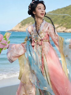 新款唐制汉服女莺花里粉色交领齐胸襦裙飘逸中国风古装日常可穿春