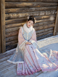 七月夕冬季新原创汉服女【素尘】明制立领短衫蓝色比甲马面裙套装