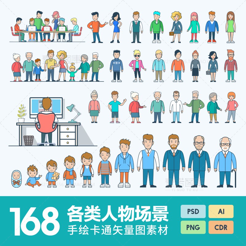各种职业场景人物成长过程手绘卡通人物cdr矢量图ai设计素材模板
