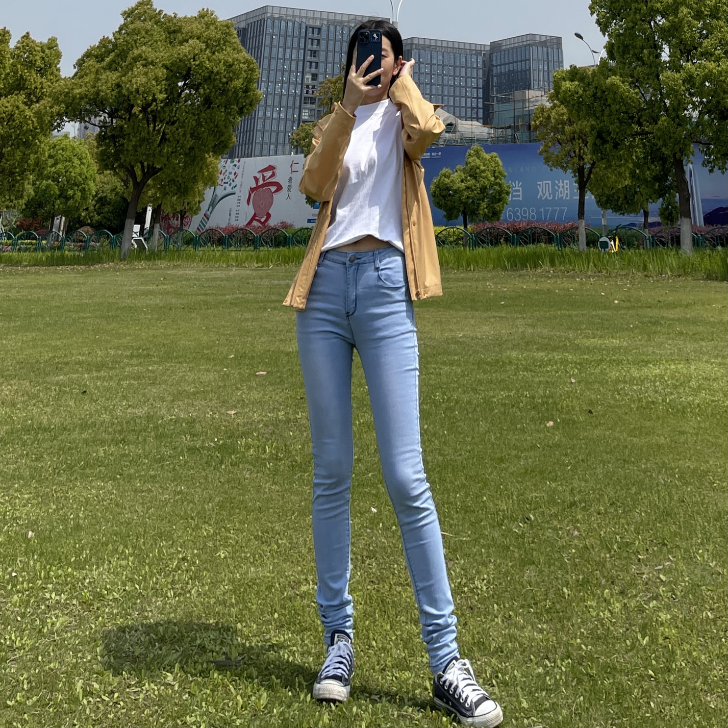 薄款水洗浅色小脚牛仔裤女加长款弹力贴身中高腰显瘦高个子紧身裤