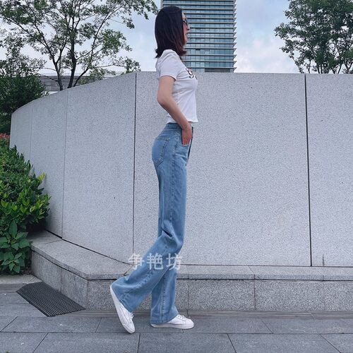 高腰裤复古色加长四季牛仔棉阔腿