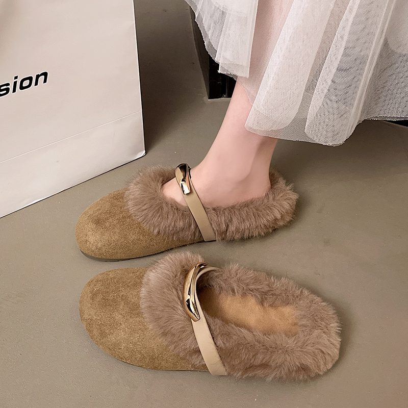 秋冬法式包头毛毛拖鞋女外穿2025新款保暖平底防滑加绒棉拖1122u