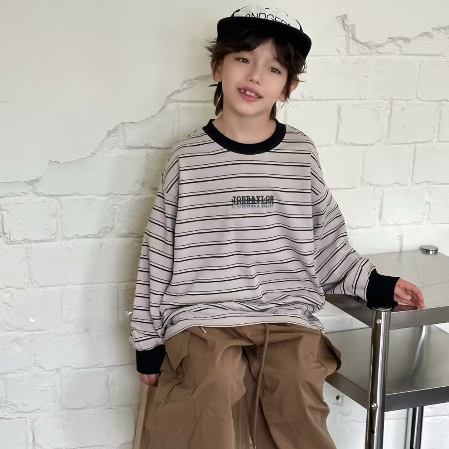 80656乔家长袖T恤衫童装春款男女童条纹体恤中大童