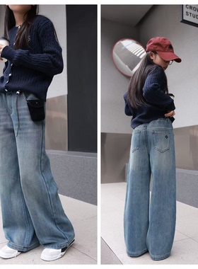 7957青少年一体绒牛仔裤直筒裤童装秋冬款女童加绒休闲裤长裤大童