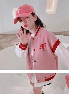 85518木家呢子棒球衣童装秋冬款女童字母外套中童