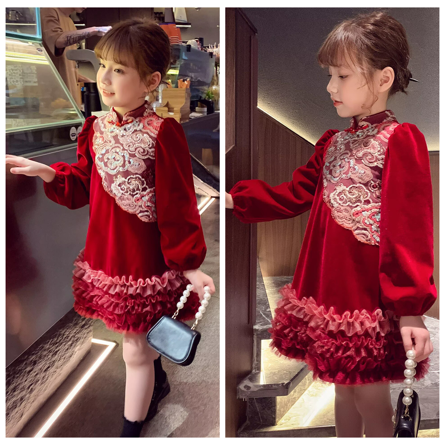 女童冬季加绒丝绒旗袍裙儿童中式风珠试旗袍拜年服连身裙中小童