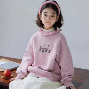 53801牛家薄绒卫衣童装秋冬款女童花边套头衫中大童