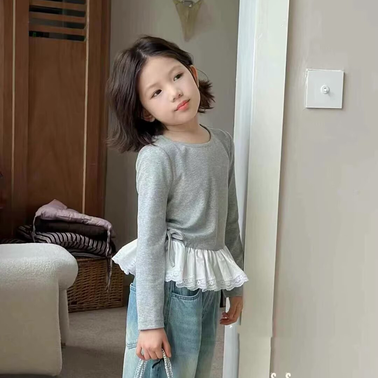 80569乔家长袖T恤衫童装春款女童蕾丝花边体恤中大童