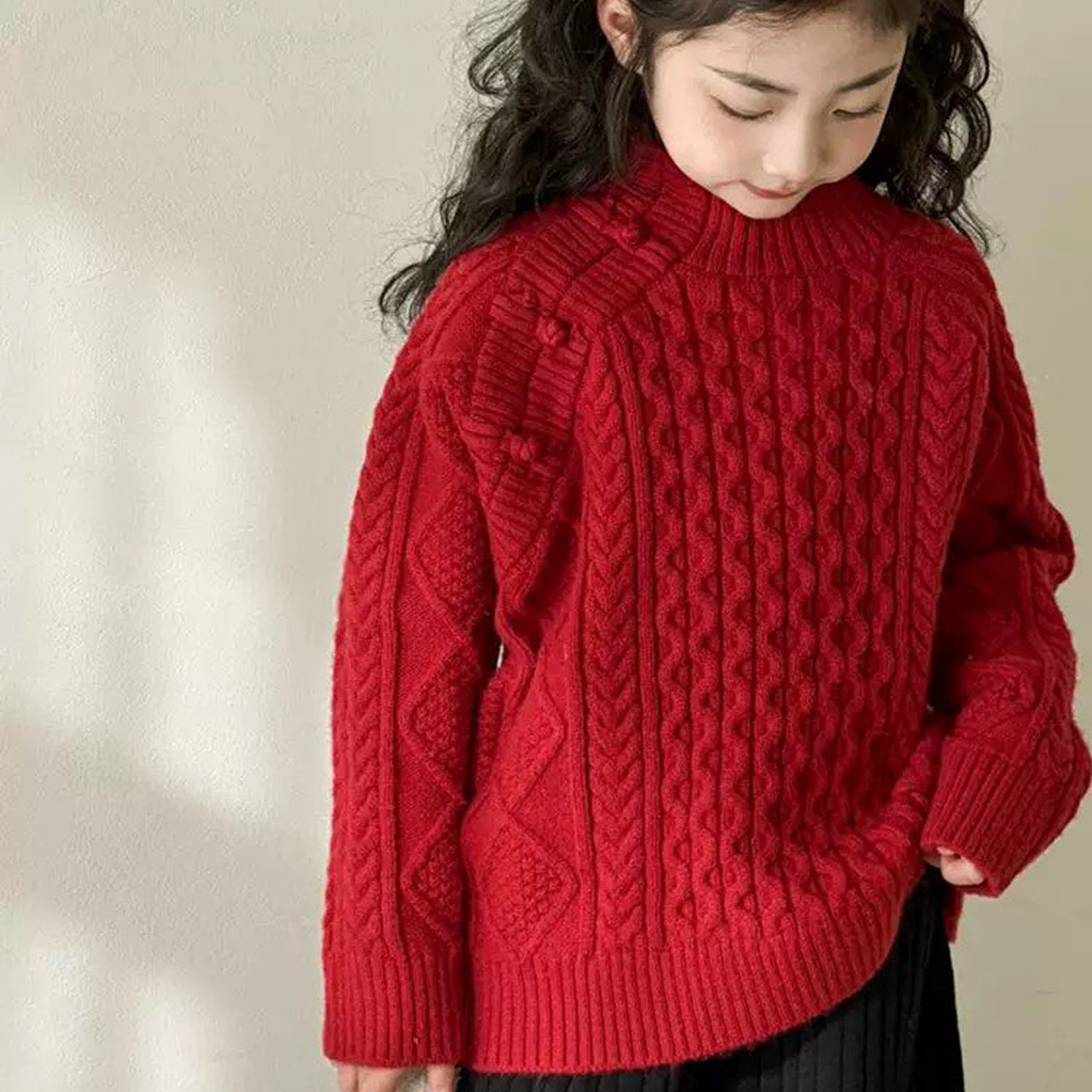 25773早安家新中式毛衣童装秋冬款女童中国红针织衫套头衫中大童