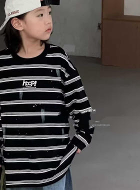 9599童家长袖T恤衫童装春款男女童条纹体恤中大童