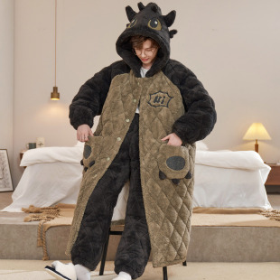 冬季长款加肥加大加厚睡袍男珊瑚绒连帽即暖三层夹棉宽松情侣睡衣