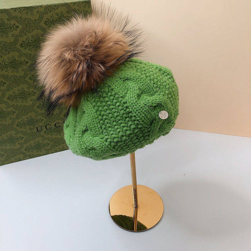 狐狸毛球毛线帽子女秋冬季新款韩版保暖麻花纹帽子贝雷帽针织帽女