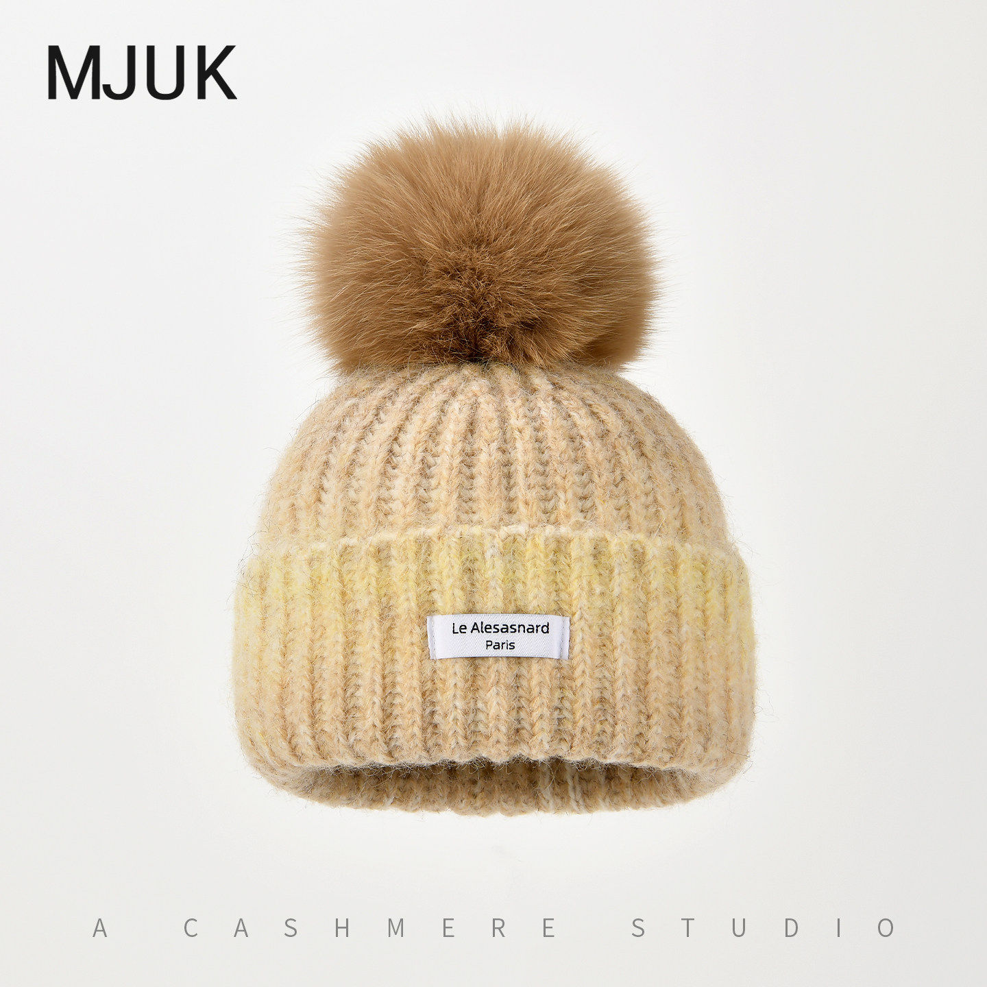 MJUK冰岛渐变糖果色狐狸毛球针织帽子女冬季保暖护耳大头围毛线帽