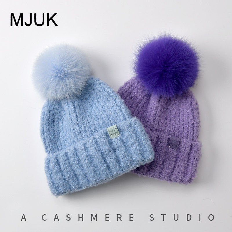 MJUK明星同款羊羔毛针织帽女冬季狐狸毛球护耳帽加厚保暖毛线帽