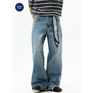宽松阔腿裤 男女同款 子QW98 复古做旧水洗多位猫须牛仔裤 美式