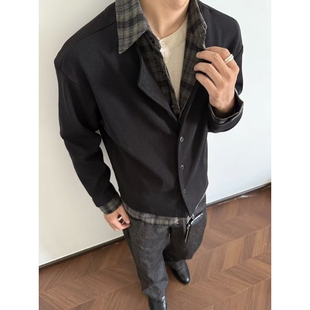 秋季假两件外套拼接老钱风人夫感衬衫领格纹休闲上衣男女QW44
