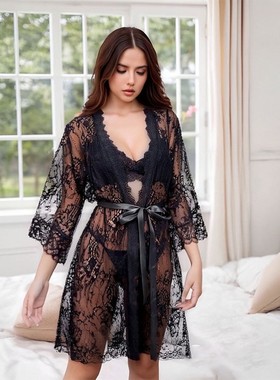 Sexy mesh robe, lace lace seductive see-through pajamas for