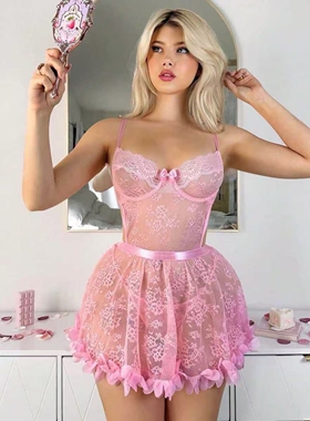 Sexy and sexy lace perspective seductive nightgown thong two