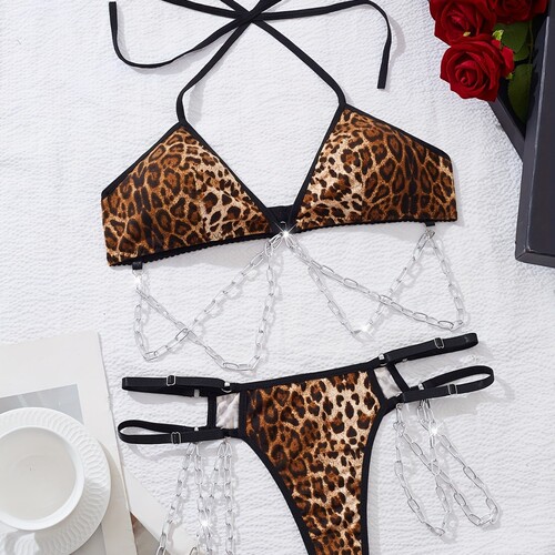 Leopard print sexy cross metal chain hollow thin strap hangi