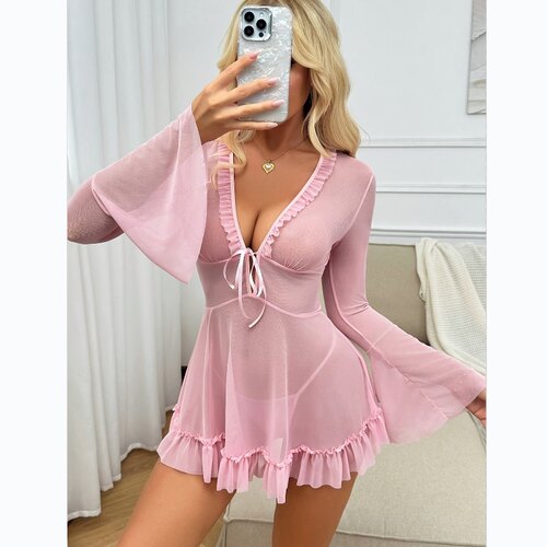 Sexy lingerie with printed mesh, see through long sleeved st