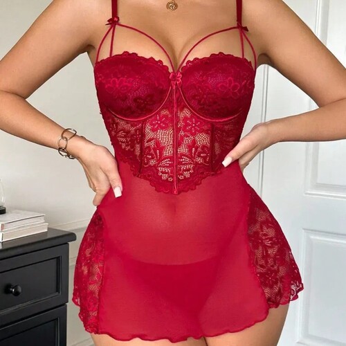 Sexy lingerie, sexy lace pajamas, women's hollowed out persp