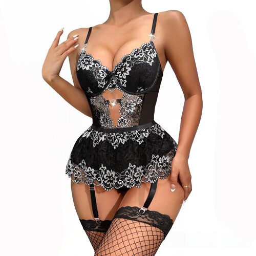 New suspender skirt sexy lingerie lace lip print see through