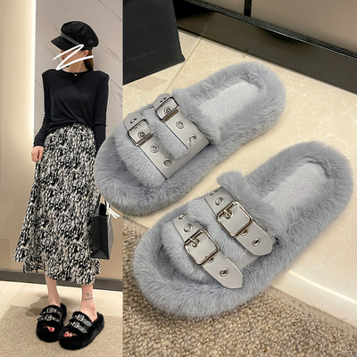 居家外穿毛毛拖鞋女2025春秋新款设计感小众厚底增高懒人棉拖冬天