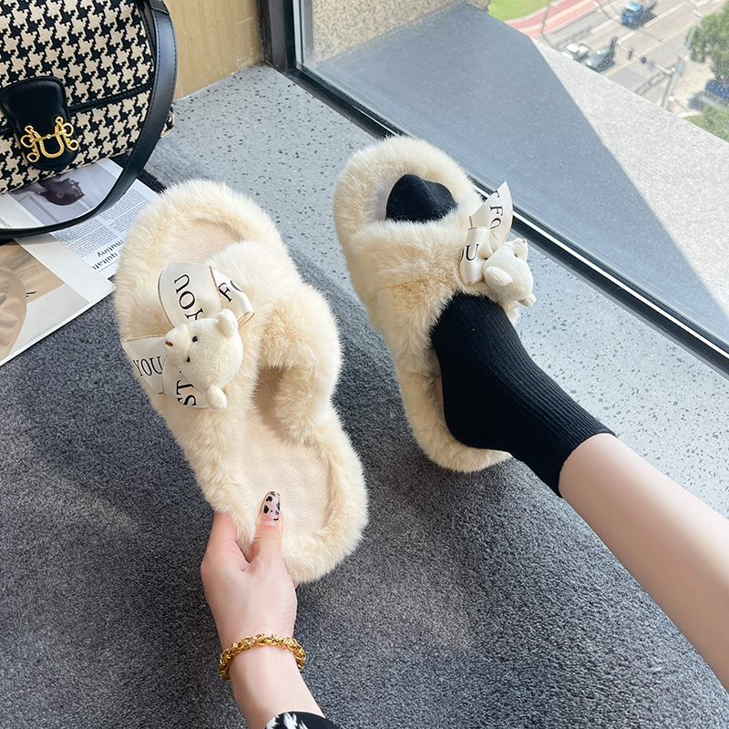 6cm显腿长~！厚底增高交叉毛毛拖鞋女冬季外穿保暖冬季一字棉拖鞋