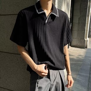 复古针织t恤高级感 老钱风POLO衫 短袖 男夏季 肌理感麦穗纹上衣美式
