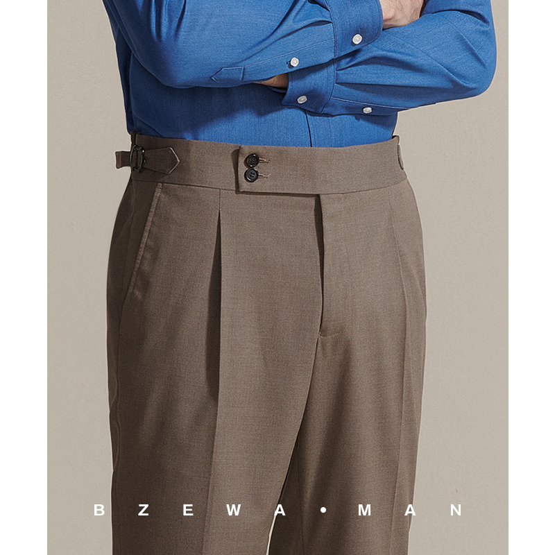 咖啡色那不勒斯西裤单褶翻边修身