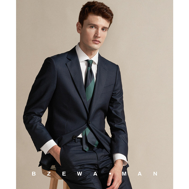 巴泽华那不勒斯肌理纹藏青色西装套装男商务修身新郎结婚礼服西服