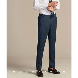 细斜纹深蓝西裤 裤 男商务修身 直筒垂感长腰头牛角扣西装 潮 正装 意式