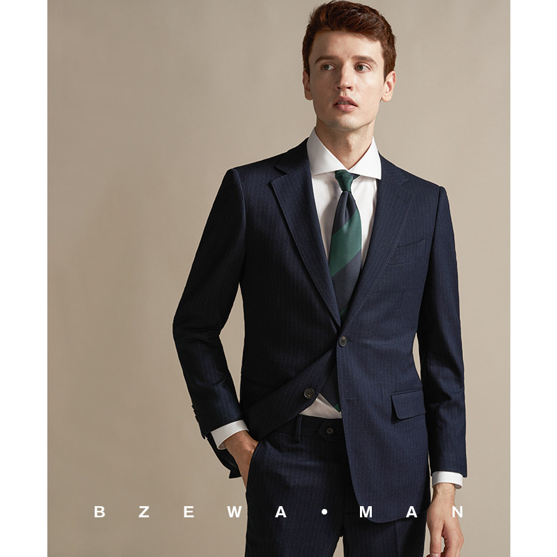 时尚蓝色铅笔竖条纹西服套装男士ins潮流休闲英伦风商务修身西装