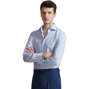 意式温莎领蓝白格纹男士衬衫长袖修身易打理全棉休闲潮流格子衬衣