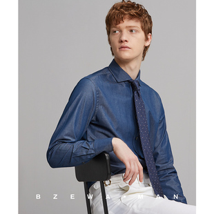 全棉蓝色chic牛仔衬衫 商务牛津纺温莎领ins潮牛仔衬衣外套 男修身