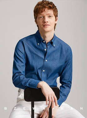 chic蓝色牛仔衬衫男长袖修身ins纯棉时尚长绒棉牛仔衬衣全棉外套