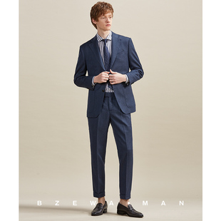 绅士宴会半麻衬西装 男商务修身 高定领羊毛西服套装 深蓝鱼骨纹意式