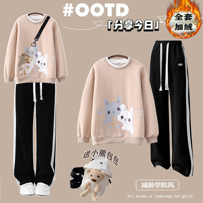 벨벳 운동복 세트 2024 가을 겨울 어린이 귀여운상의 중학교 및 고등학교 여학생 느슨한 스포츠 투피스 세트