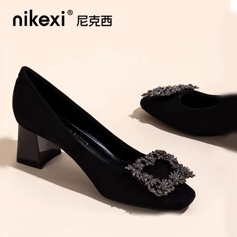 尼克西黑色高跟鞋女款方头水钻浅口职业百搭舒适轻便透气粗跟单鞋
