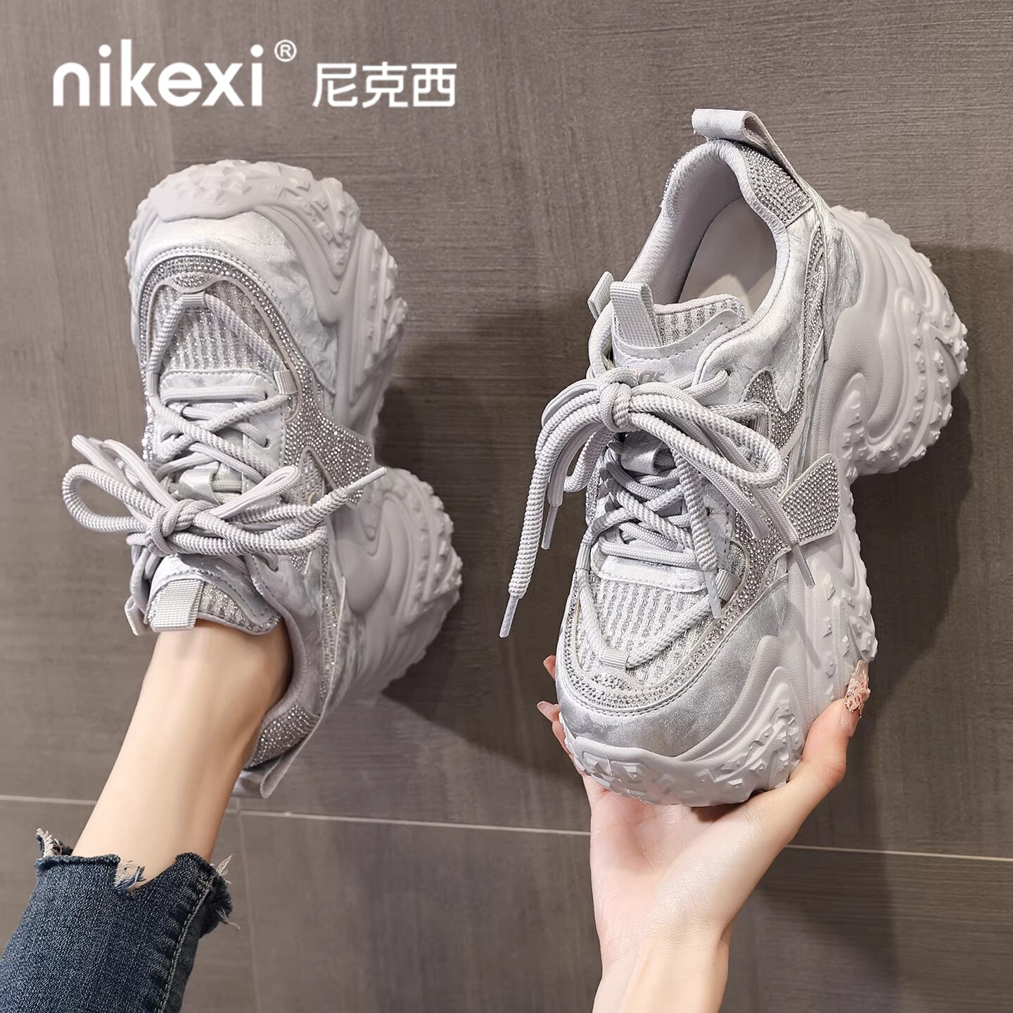 厚底9cm增高老爹鞋女款复古小个子轻便网面透气舒适休闲运动鞋