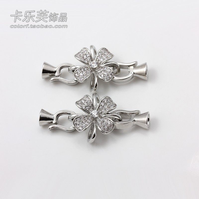 高端微镶锆石玫瑰花白金项链扣头卡扣水晶珍珠连接扣子diy配件