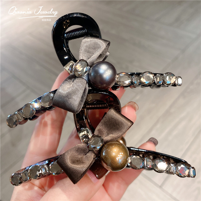 中号抓夹适合发量少高级感珍珠水钻发夹后脑勺盘发夹子鲨鱼夹头饰