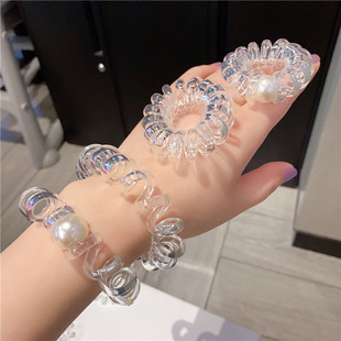 百搭电话圈皮筋发绳 东大门珍珠头绳女网红ins透明电话线发圈个性