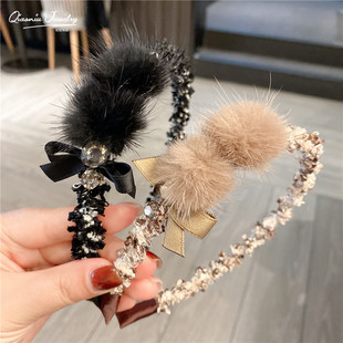 外戴发箍女獭兔毛球发箍网红小香风蝴蝶结水钻头箍少女发卡发饰