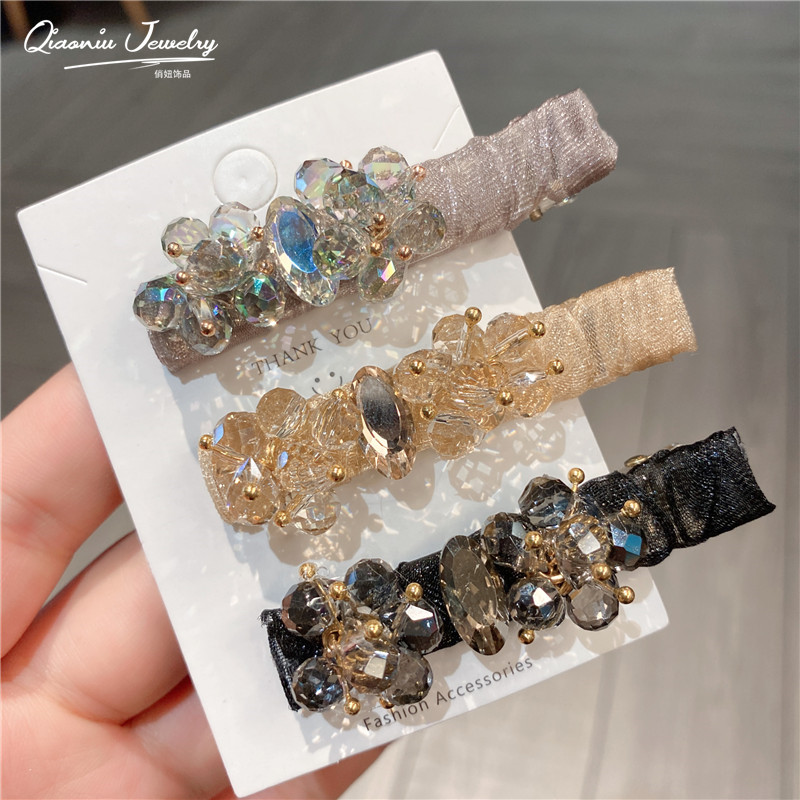 轻奢串珠水晶鸭嘴夹手工水钻闪耀刘海夹气质高级感女百搭边夹发饰