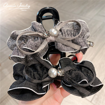 黑色双面褶皱蝴蝶结抓夹女高级感新款发夹后脑勺盘发夹子发箍头饰